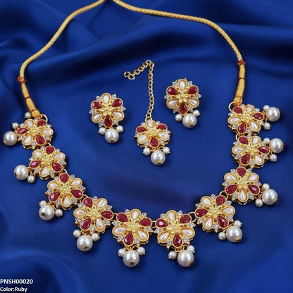 PNSH00020 SDQ Flower Pearl Drop Necklace Set - PNSH