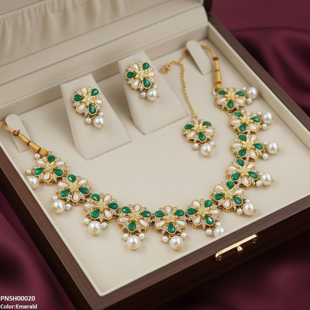 PNSH00020 SDQ Flower Pearl Drop Necklace Set - PNSH