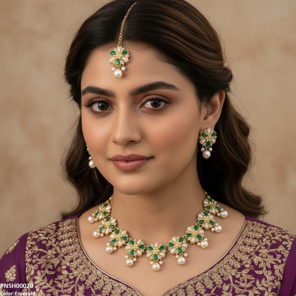 PNSH00020 SDQ Flower Pearl Drop Necklace Set - PNSH