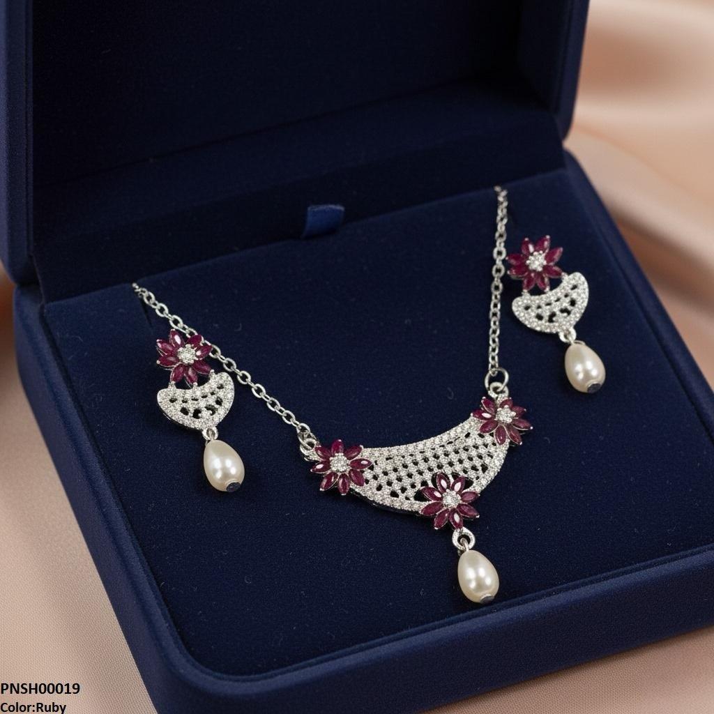 PNSH00019 SDQ Flower Pearl Drop Necklace Set - PNSH