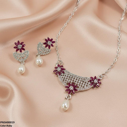 PNSH00019 SDQ Flower Pearl Drop Necklace Set - PNSH
