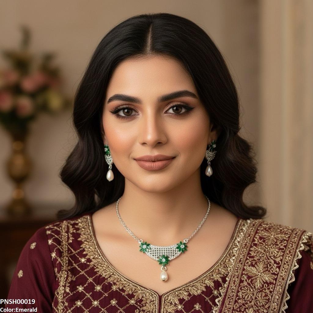 PNSH00019 SDQ Flower Pearl Drop Necklace Set - PNSH