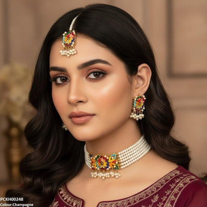 PCKH00248 SDQ Multi Flower Pearl Drop Choker Set - PCKH