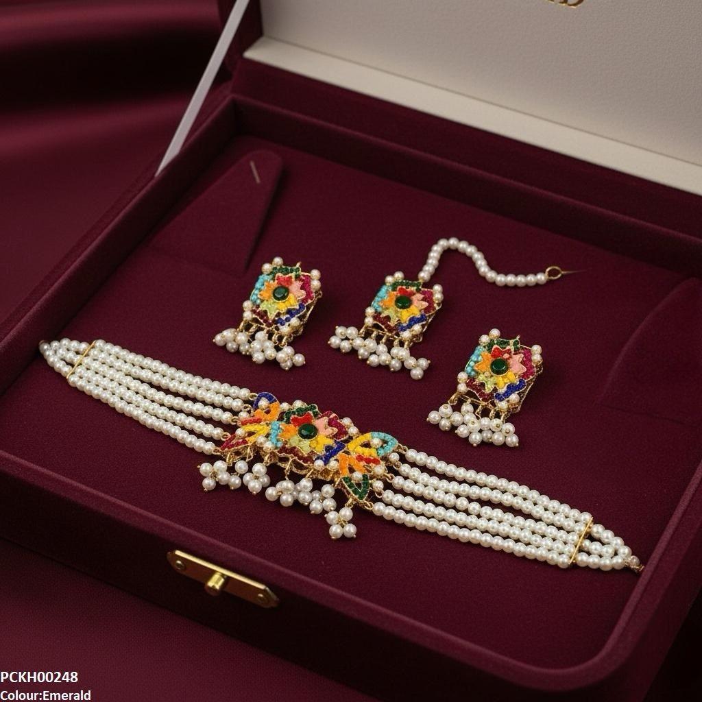 PCKH00248 SDQ Multi Flower Pearl Drop Choker Set - PCKH