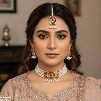 PCKH00248 SDQ Multi Flower Pearl Drop Choker Set - PCKH