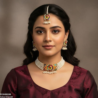 PCKH00248 SDQ Multi Flower Pearl Drop Choker Set - PCKH