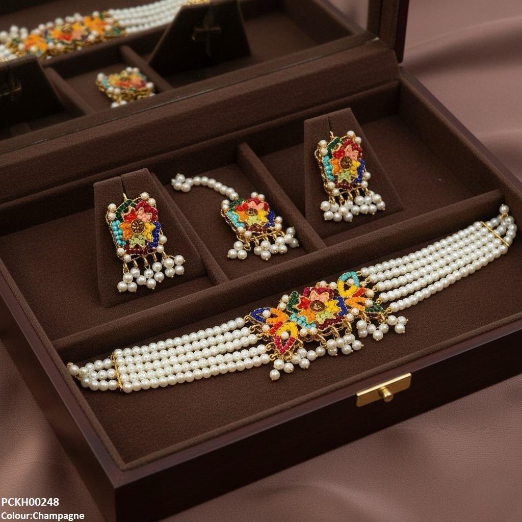 PCKH00248 SDQ Multi Flower Pearl Drop Choker Set - PCKH