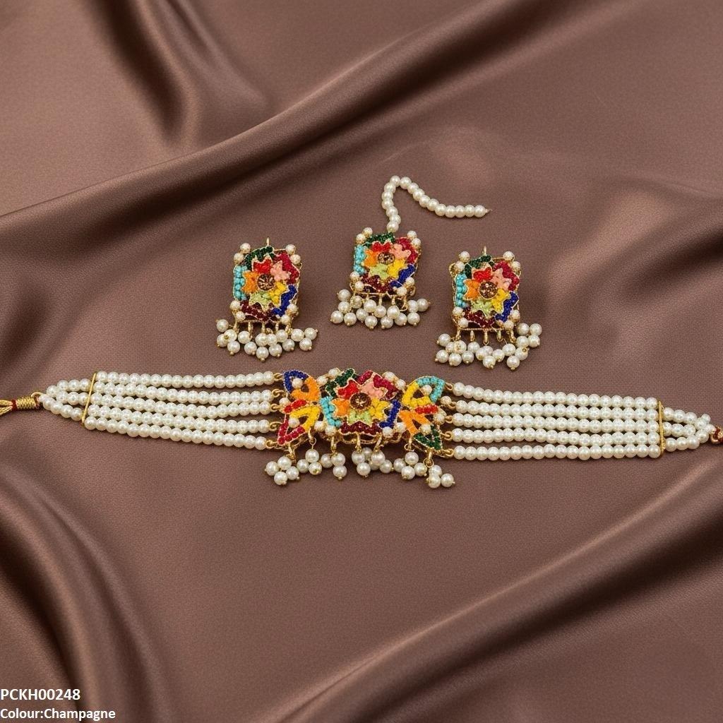 PCKH00248 SDQ Multi Flower Pearl Drop Choker Set - PCKH