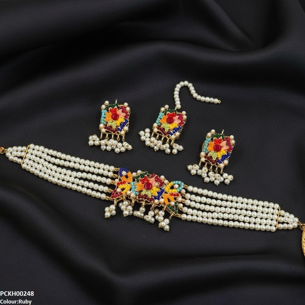 PCKH00248 SDQ Multi Flower Pearl Drop Choker Set - PCKH