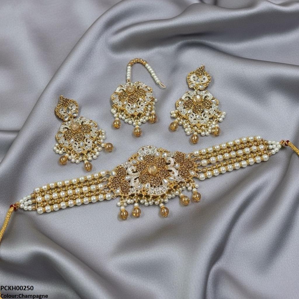 PCKH00250 SDQ Oval Flower Pearl Drop Choker Set - PCKH