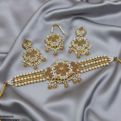 PCKH00250 SDQ Oval Flower Pearl Drop Choker Set - PCKH