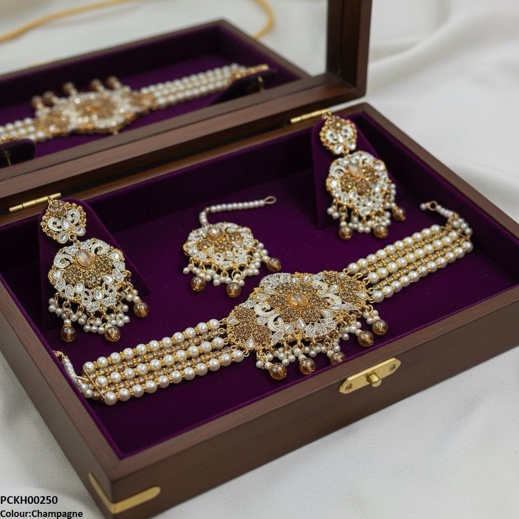 PCKH00250 SDQ Oval Flower Pearl Drop Choker Set - PCKH