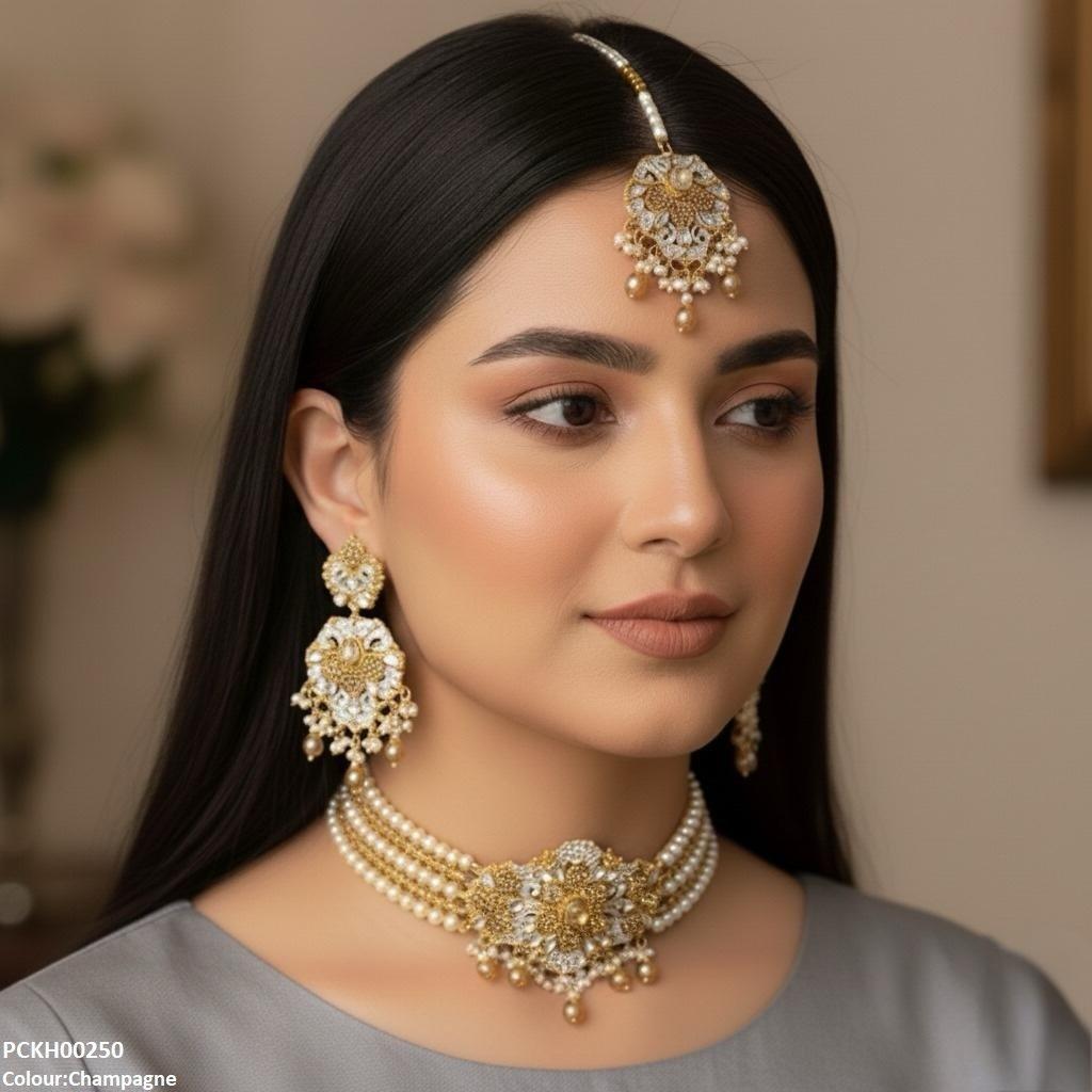 PCKH00250 SDQ Oval Flower Pearl Drop Choker Set - PCKH