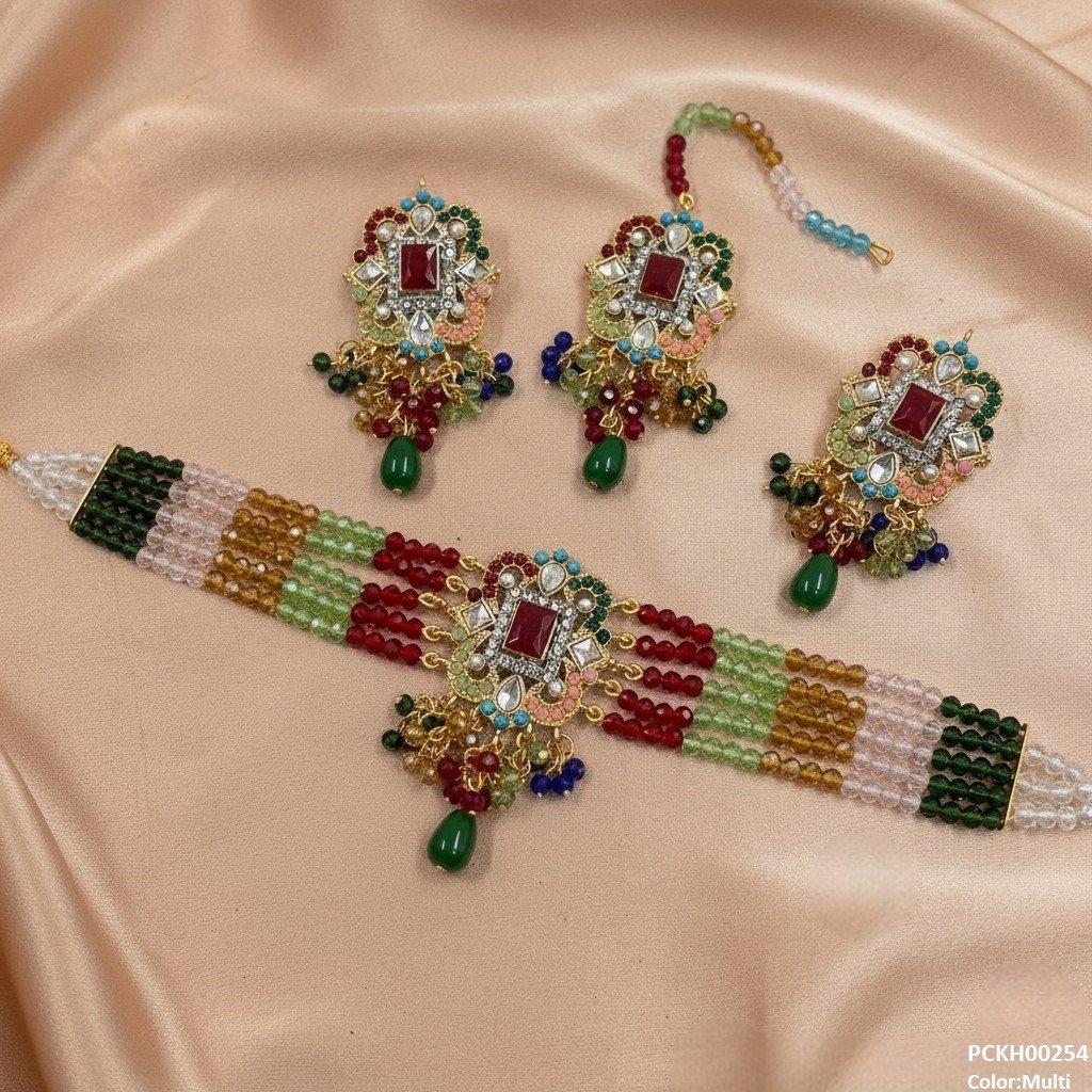 PCKH00254 SDQ Square Flower  Pearl Drop Choker Set - PCKH