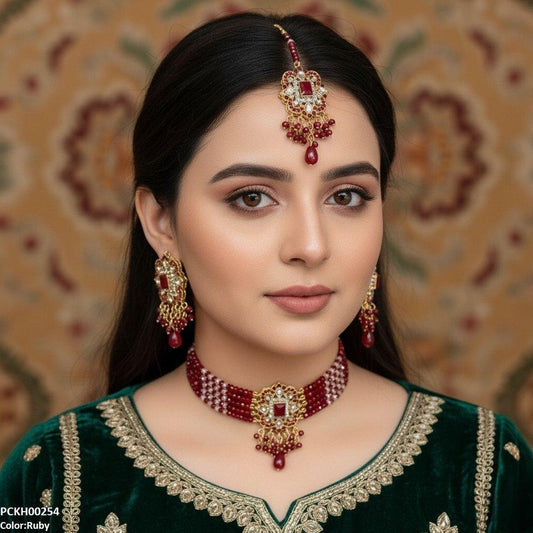 PCKH00254 SDQ Square Flower  Pearl Drop Choker Set - PCKH