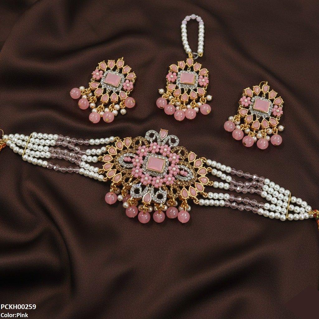 PCKH00259 SDQ Flower/Tear Pearl Drop Choker Set - PCKH