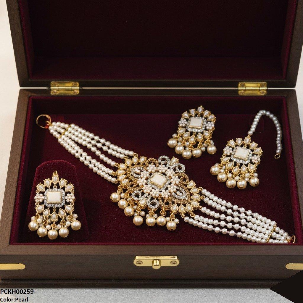 PCKH00259 SDQ Flower/Tear Pearl Drop Choker Set - PCKH