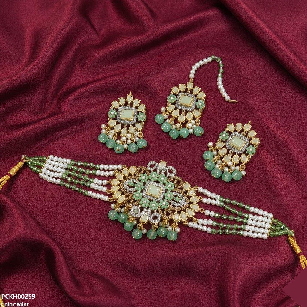 PCKH00259 SDQ Flower/Tear Pearl Drop Choker Set - PCKH