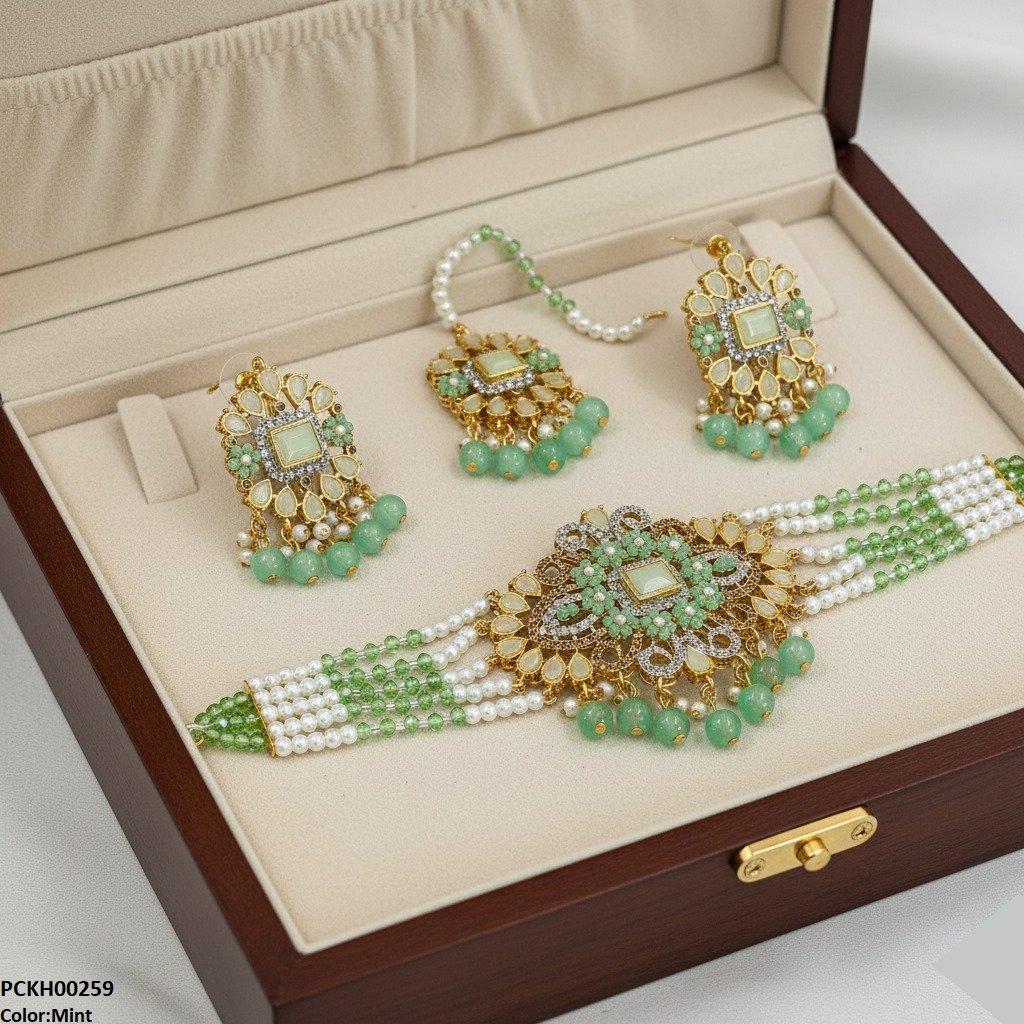 PCKH00259 SDQ Flower/Tear Pearl Drop Choker Set - PCKH