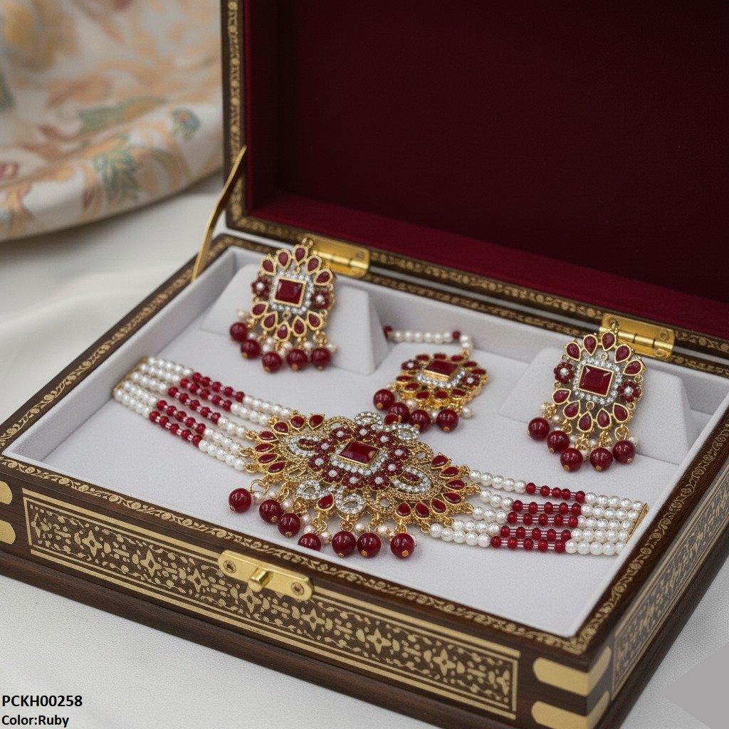 PCKH00258 SDQ Flower Tear Pearl Drop Choker Set - PCKH