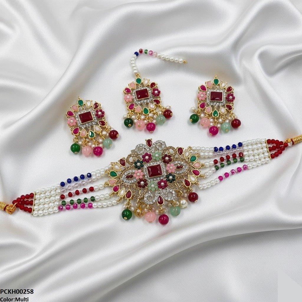 PCKH00258 SDQ Flower Tear Pearl Drop Choker Set - PCKH