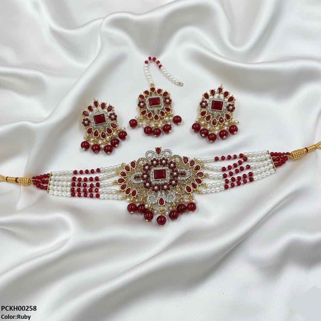 PCKH00258 SDQ Flower Tear Pearl Drop Choker Set - PCKH