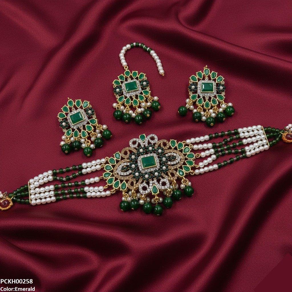 PCKH00258 SDQ Flower Tear Pearl Drop Choker Set - PCKH