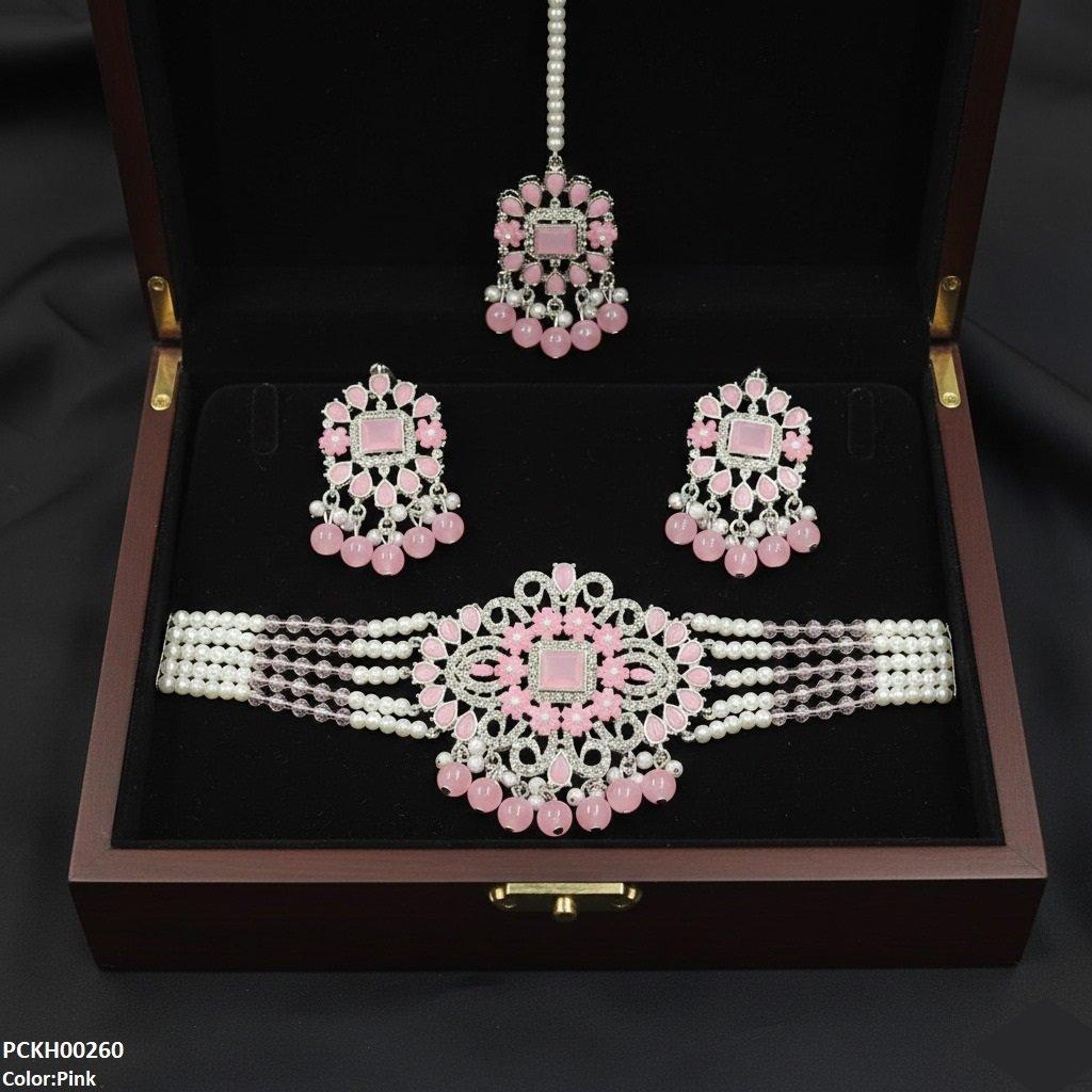 PCKH00260 SDQ Rectangle Tear Pearl Drop Choker Set - PCKH