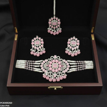 PCKH00260 SDQ Rectangle Tear Pearl Drop Choker Set - PCKH