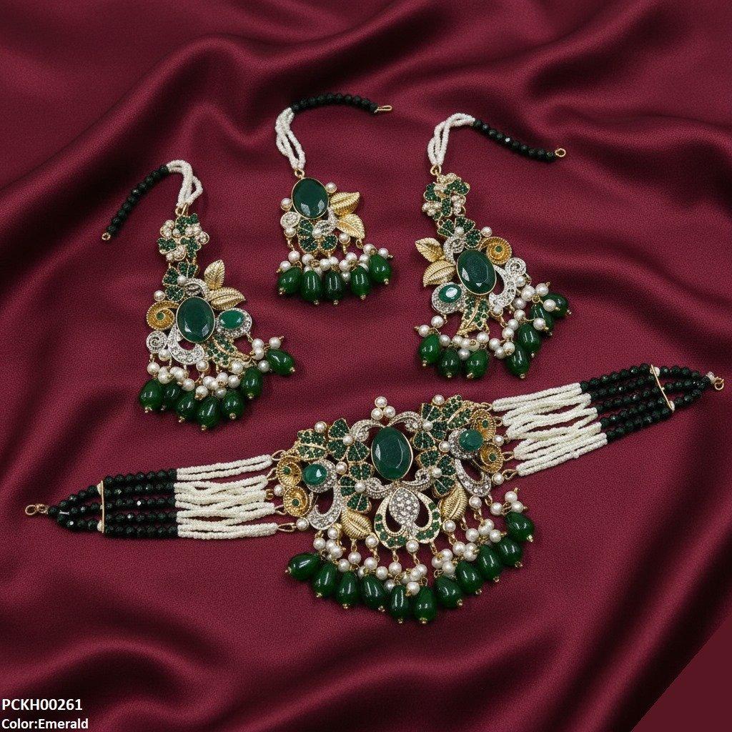 PCKH00261 SDQ Oval/Flower Pearl Drop Choker Set - PCKH