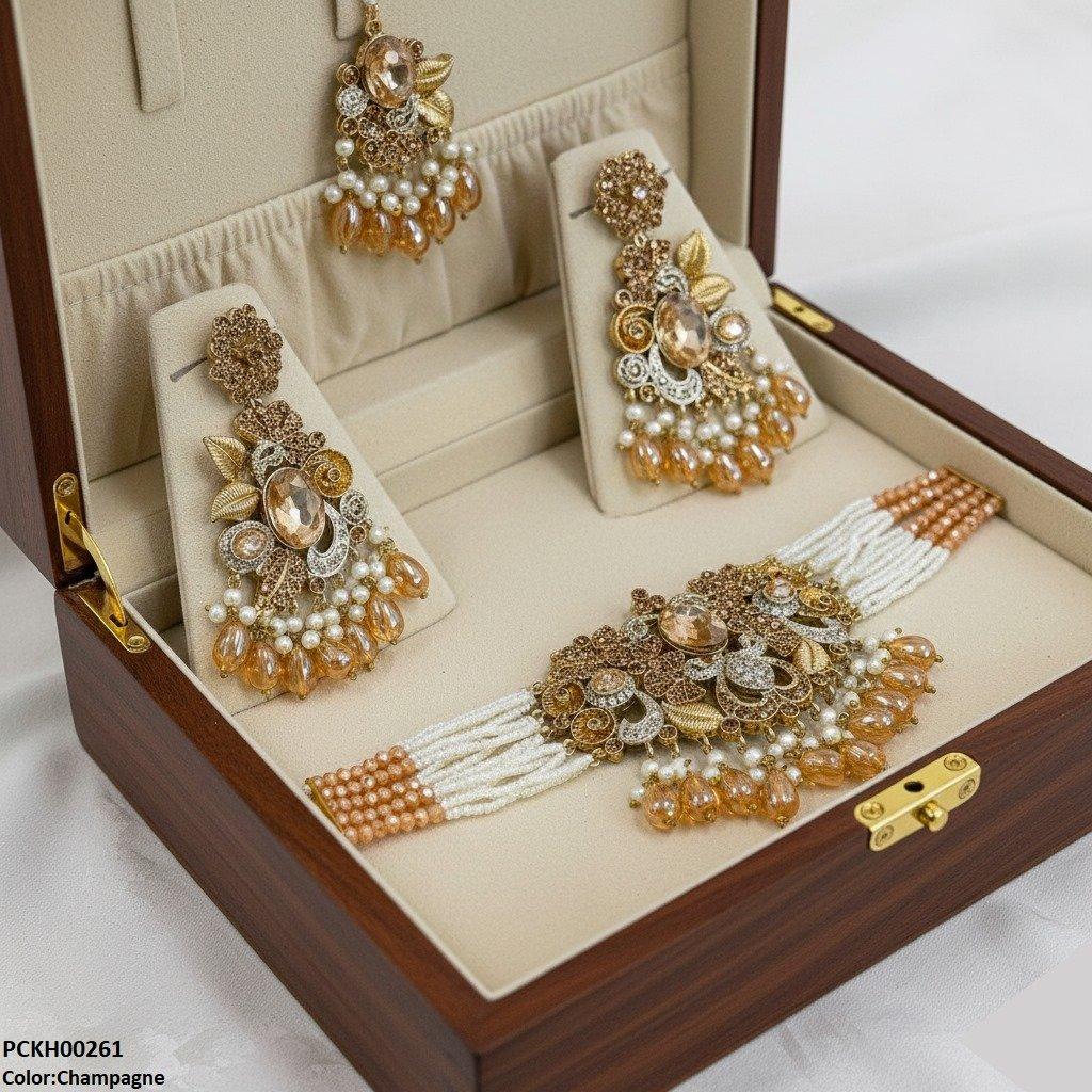 PCKH00261 SDQ Oval/Flower Pearl Drop Choker Set - PCKH