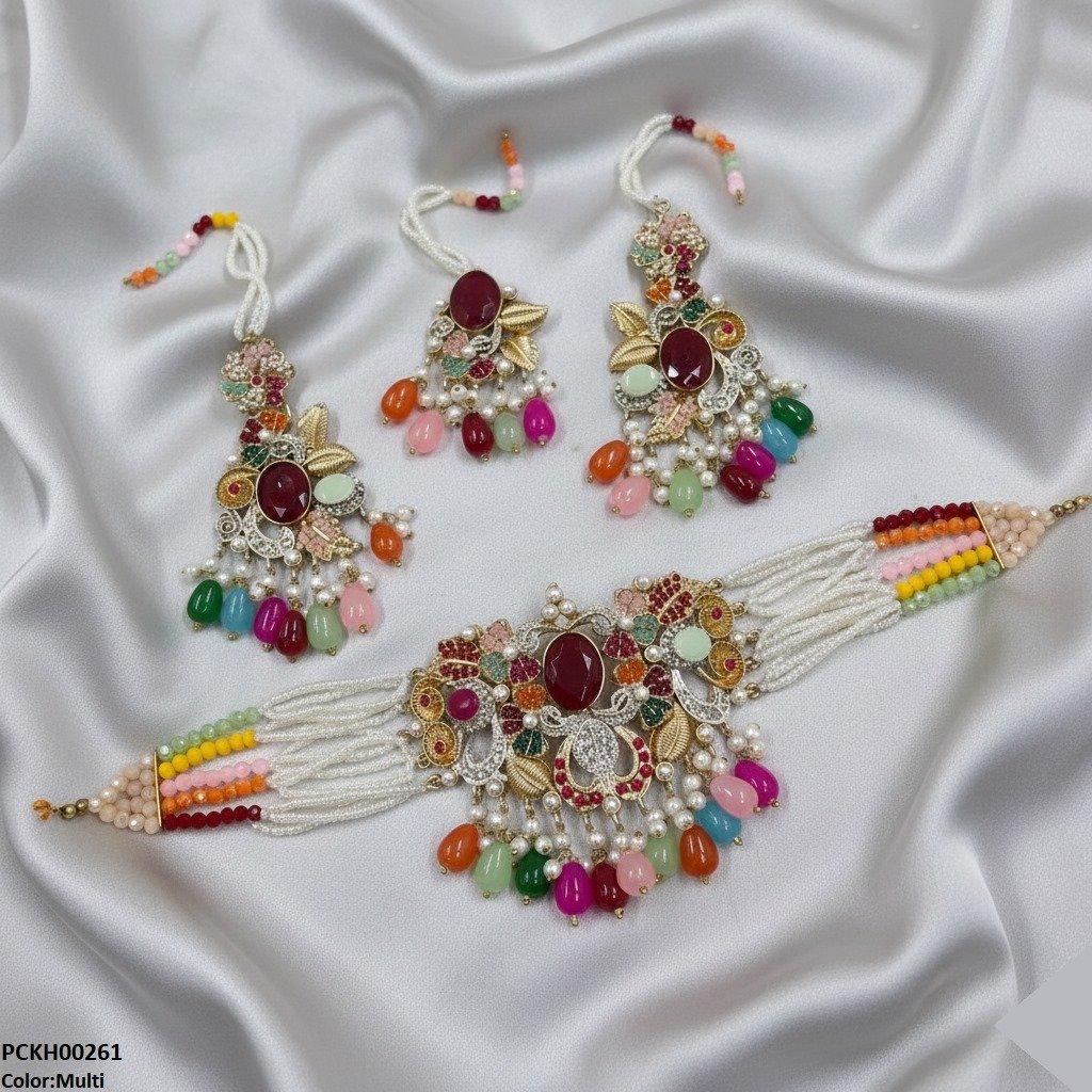 PCKH00261 SDQ Oval/Flower Pearl Drop Choker Set - PCKH