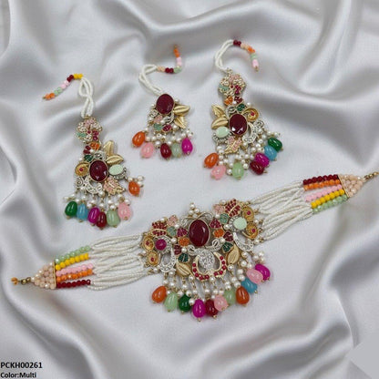 PCKH00261 SDQ Oval/Flower Pearl Drop Choker Set - PCKH