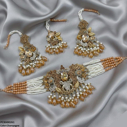 PCKH00261 SDQ Oval/Flower Pearl Drop Choker Set - PCKH