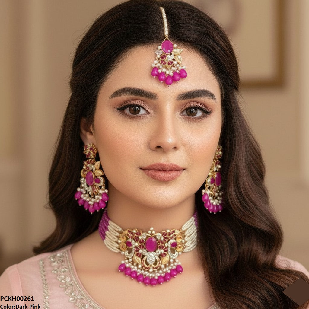 PCKH00261 SDQ Oval/Flower Pearl Drop Choker Set - PCKH