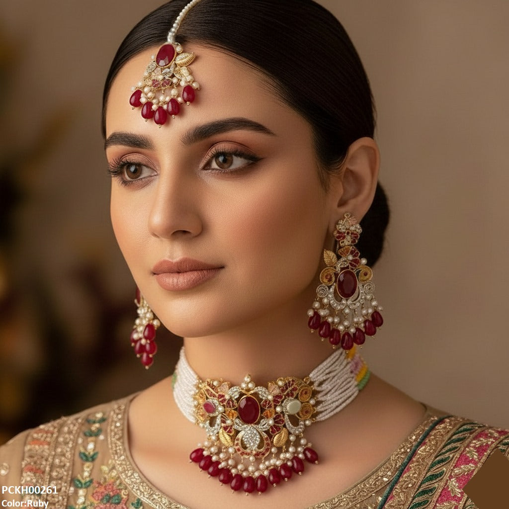 PCKH00261 SDQ Oval/Flower Pearl Drop Choker Set - PCKH