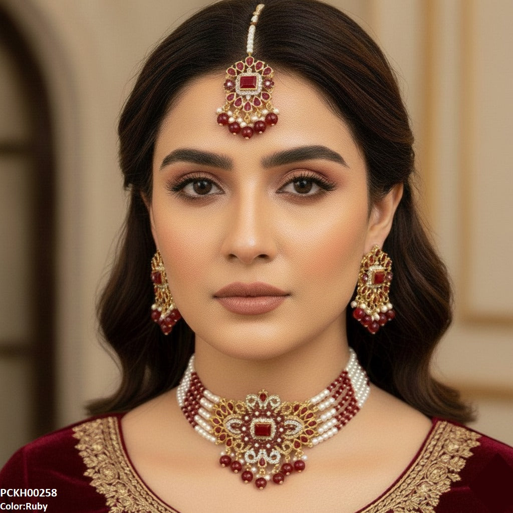 PCKH00258 SDQ Flower Tear Pearl Drop Choker Set - PCKH