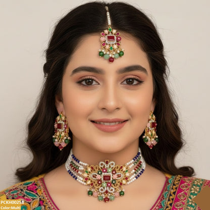 PCKH00258 SDQ Flower Tear Pearl Drop Choker Set - PCKH