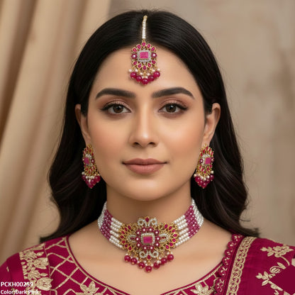 PCKH00259 SDQ Flower/Tear Pearl Drop Choker Set - PCKH