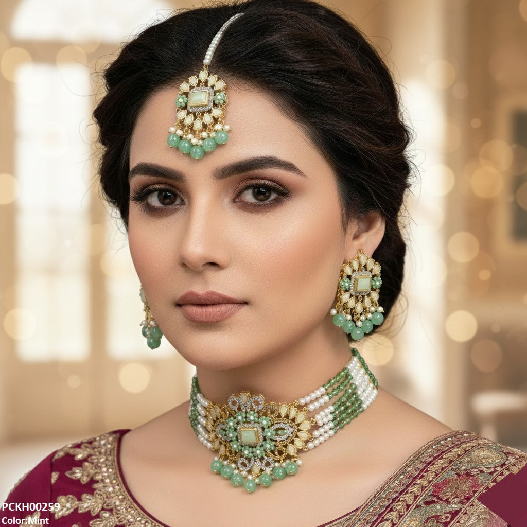 PCKH00259 SDQ Flower/Tear Pearl Drop Choker Set - PCKH