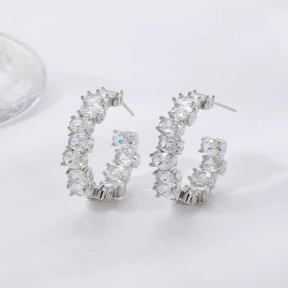 TEHH00502 WKO Stainless Steel Oval Zircon Stone Ear Hoops Pair - TEHH