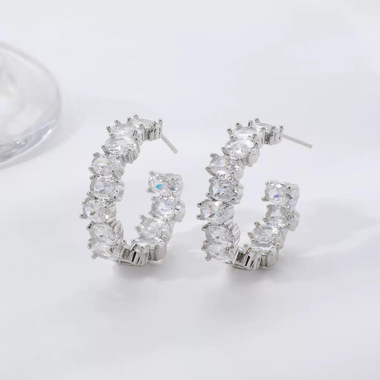 TEHH00502 WKO Stainless Steel Oval Zircon Stone Ear Hoops Pair - TEHH