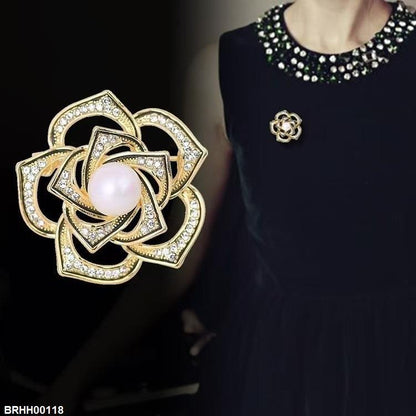 BRHH00118 XST Pearl Camellia Flower Zircon Broach - BRHH