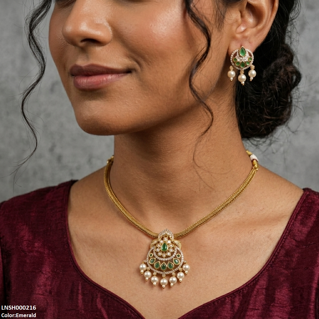 LNSH00216 ANI Tear Pearl Drop South Indian Necklace Set - LNSH