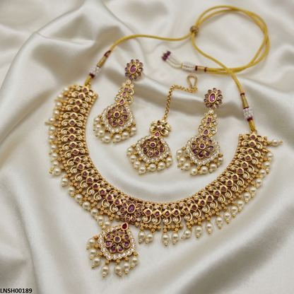 LNSH00189 ANI Flower Pearl Drop Necklace Set - LNSH