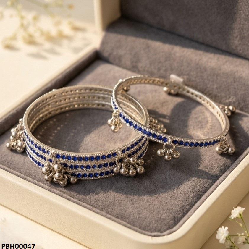 PBH00047 AZM Blue Stone Pearl Drop Kashmiri Bangles Set - PBH