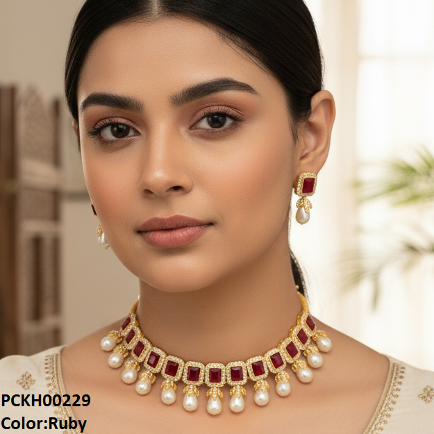 PCKH00229 SDQ Rectangle Pearl Choker Set -  PCKH
