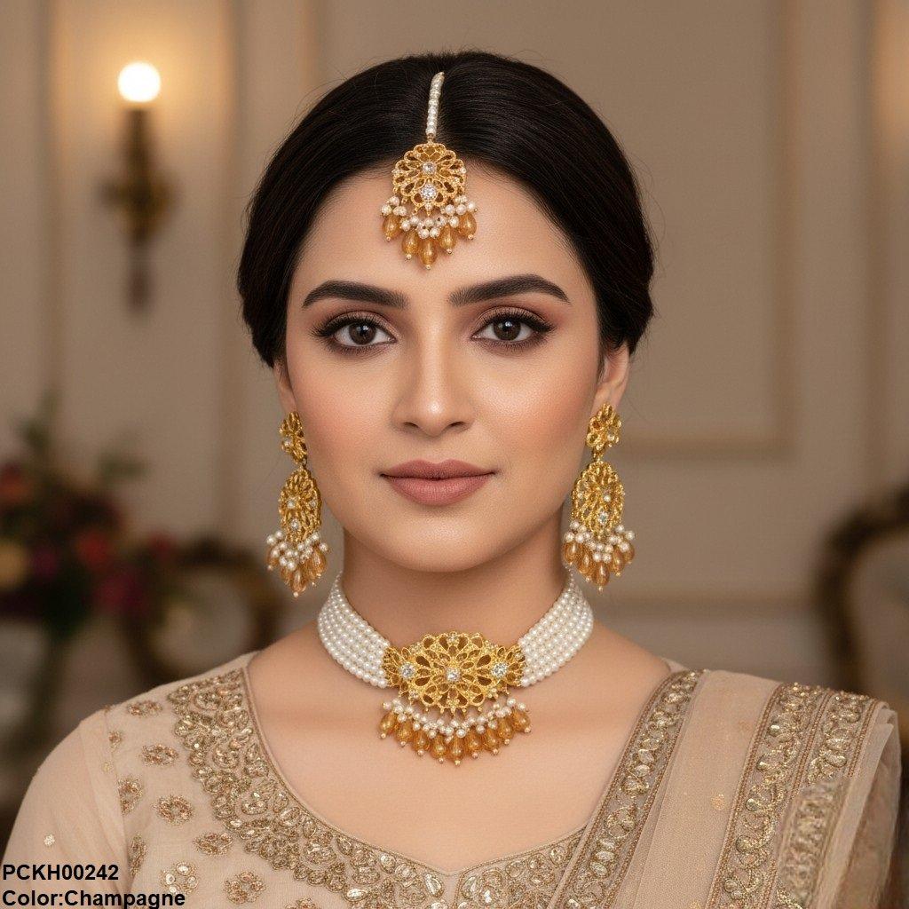 PCKH00242 MZM Square Flower Pearl Drop Choker Set - PCKH