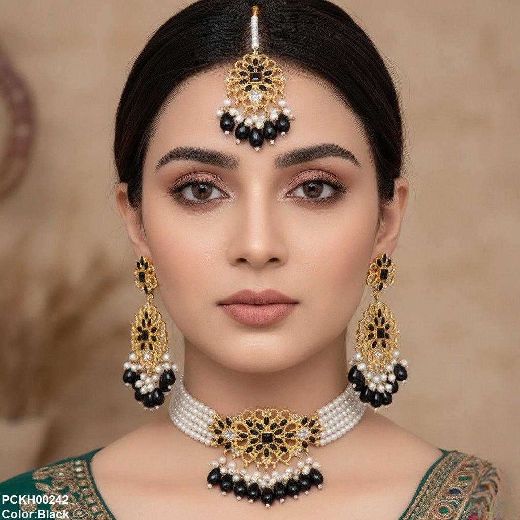 PCKH00242 MZM Square Flower Pearl Drop Choker Set - PCKH