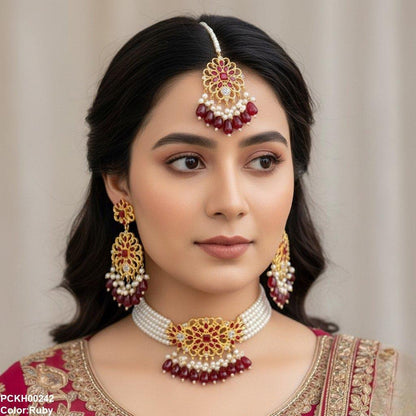 PCKH00242 MZM Square Flower Pearl Drop Choker Set - PCKH